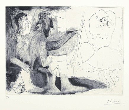 Peintre au travail (Peintre barbu avec modèle nu et un spectateur) 1 novembre von Pablo Picasso
