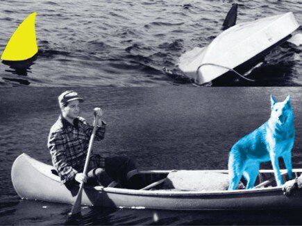 John Baldessari, Man, Dog (Blue), Canoe/Shark Fins (One Yellow), Capsized Boat, 2002, kaufen Man, Dog (Blue), Canoe/Shark Fins (One Yellow), Capsized Boat von John Baldessari
